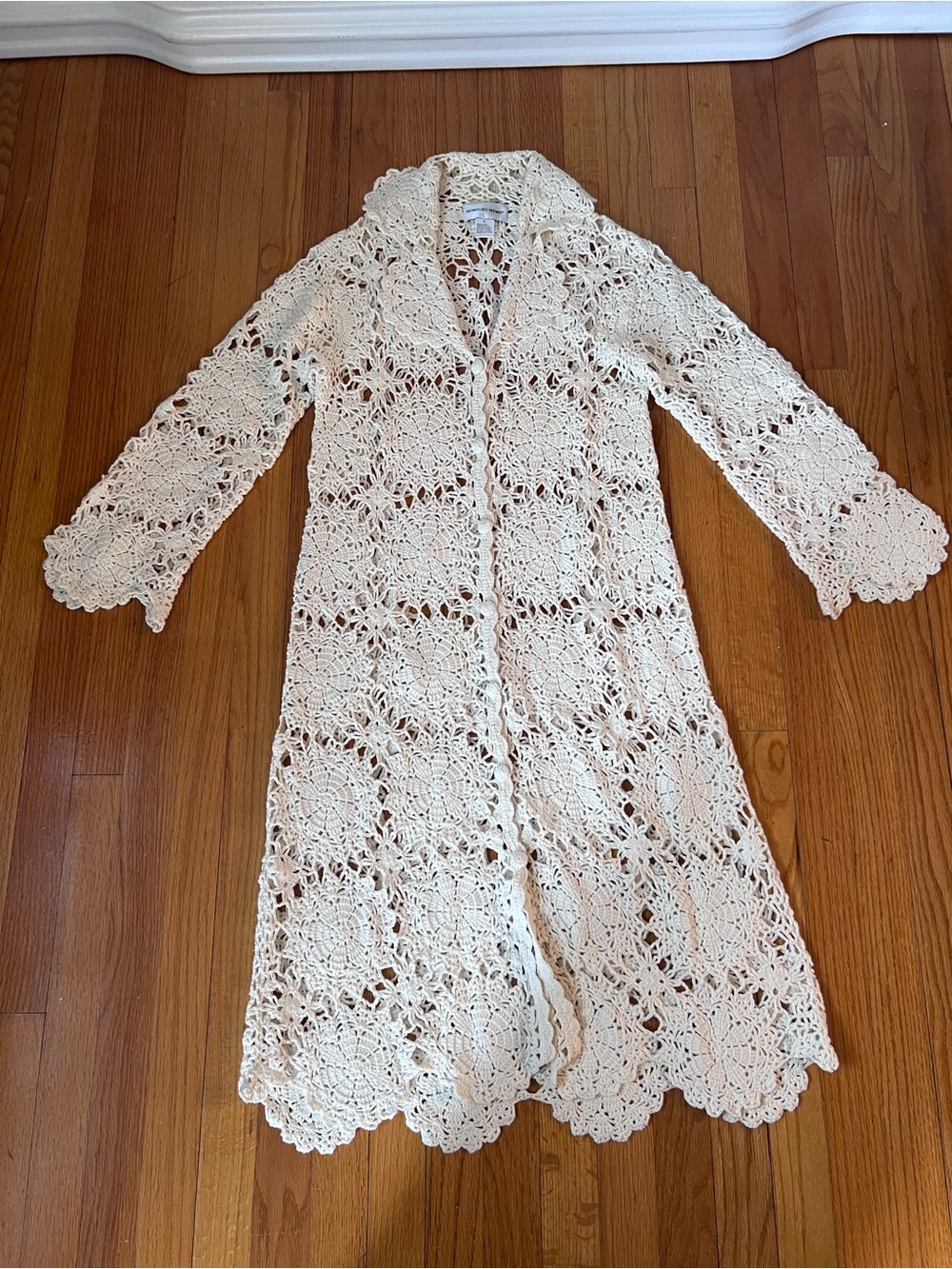 Newport News Cream Crochet Long Cardigan Duster with Scalloped Edges S - Picture 5 of 16